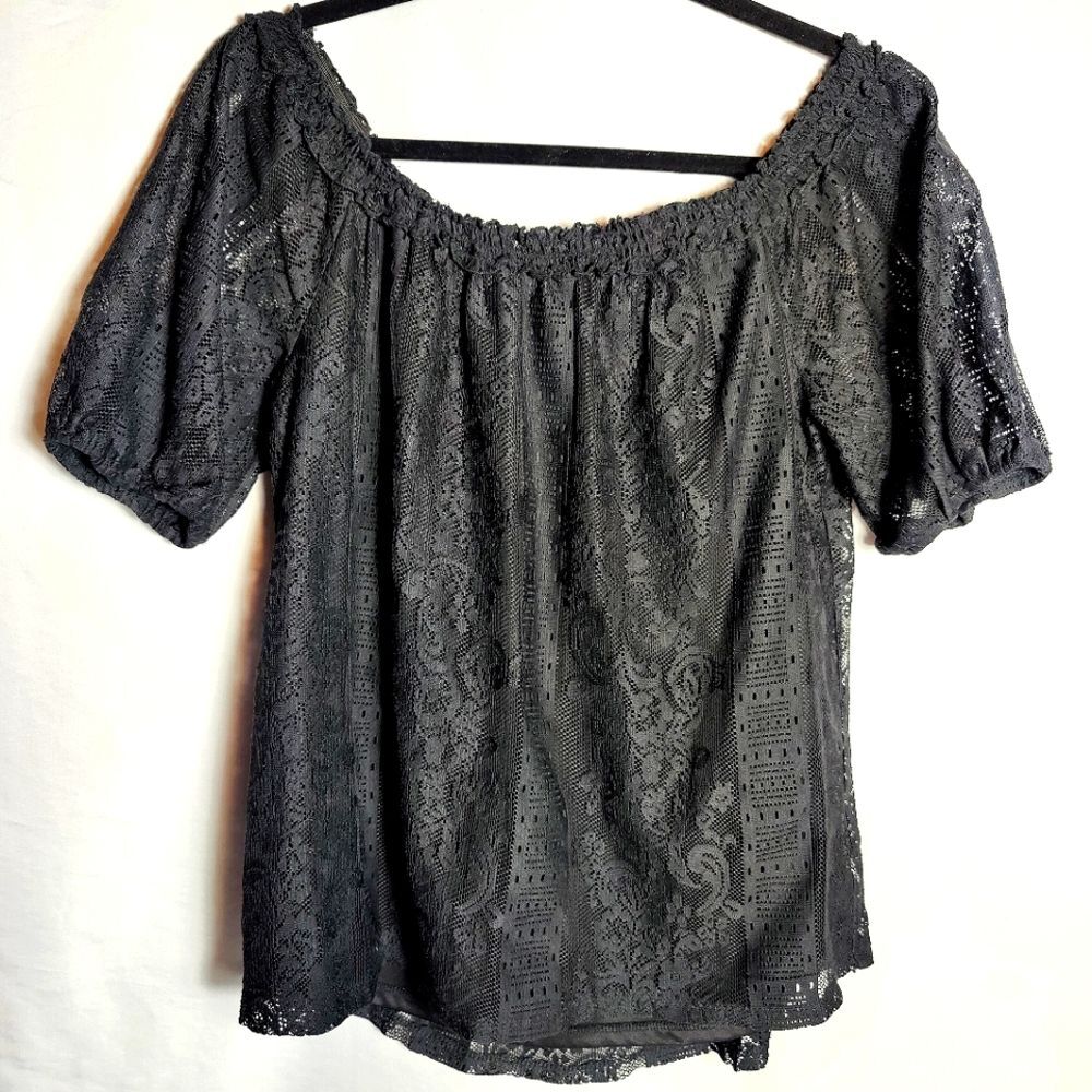 AUW Black Lace Overlay Off the Shoulder Top